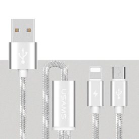   Töltő és adatkábel USB-Lightning/Micro-USB csatlakozóval 2.1A 1.2 méter Usams U-Knit 2in1 ezüst