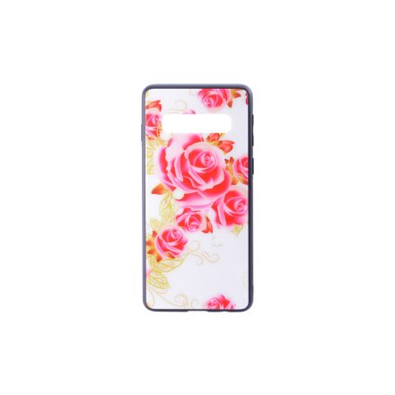 Üveges hátlappal rendelkezó telefontok nagy rózsa mintával fehér háttérrel Samsung Galaxy S10 Plus G975F