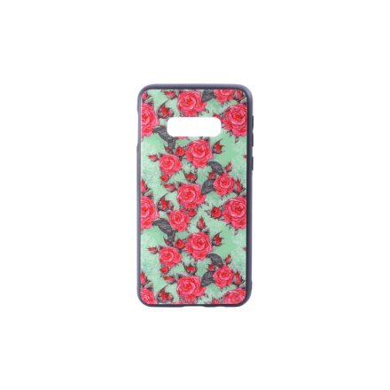 Üveges hátlappal rendelkezó telefontok rózsa mintával zöld háttérrel Samsung Galaxy S10E G970F