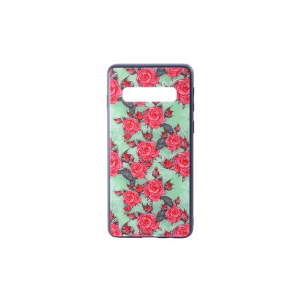 Üveges hátlappal rendelkezó telefontok rózsa mintával zöld háttérrel Samsung Galaxy S10 Plus G975F