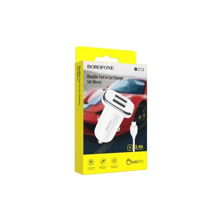 Dupla USB portos autós telefontöltő 2.4A + Micro USB kábel Borofone BZ12 Lasting fehér