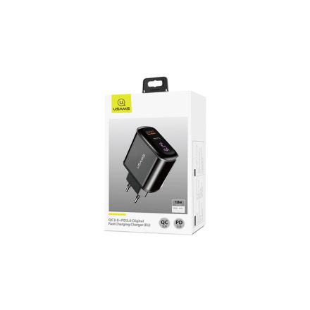 Dupla Portos USB/Type-C hálózati gyorstöltő PD 18W Usams CC085 T23 fekete