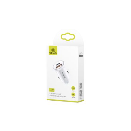 USB/Type-C csatlakozós autós gyorstöltő Usams CC086 C12 (PD) fehér