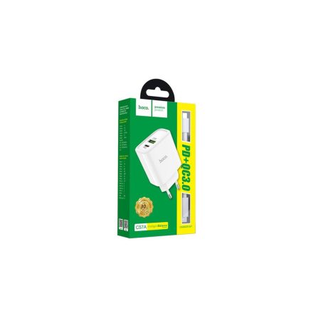 Type-C/USB Portos hálózati gyorstöltő (PD) 18W + Type-C/Lightning kábel 1 méter Hoco C57A Speed QC3.0 Töltő fehér