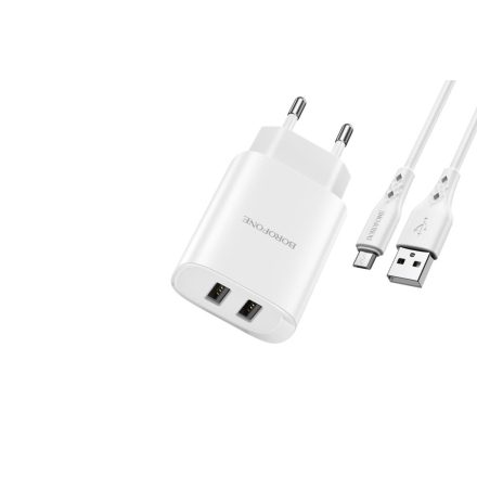 Dupla USB portos hálózati töltő 2.1A + Micro-USB Kábel 1 méter Borofone BN2 fehér