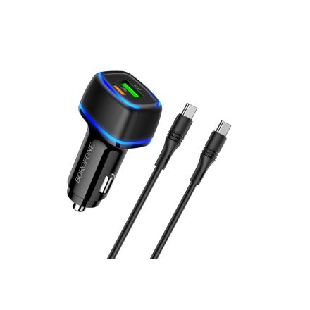 Dupla USB portos autós telefontöltő 18W-20W + Type-C/Type-C kábel Borofone BZ14A Mercury fekete