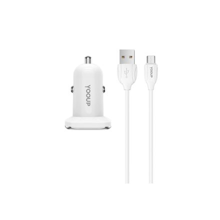 Dupla USB portos autóstöltő 2.4A + micro USB kábel YooUp C01 Lasting fehér