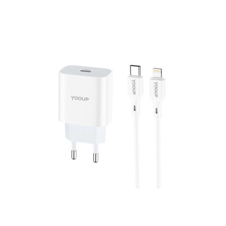 Type-C portos hálózati gyorstöltő PD 20W + Type-C/Lightning 1 méteres kábel YooUp G02 Speedy fehér