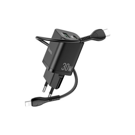 Type-C/USB Portos hálózati gyorstöltő (PD) 30W + Type-C/Lightning kábel 1 méter Hoco N13 Bright fekete