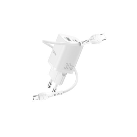 Type-C/USB Portos hálózati gyorstöltő (PD) 30W + Type-C/Type-C kábel 1 méter Hoco N13 Bright fehér