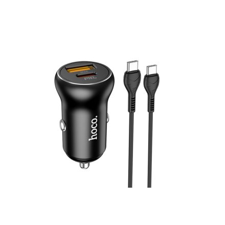 Dupla szivargyújtós töltő + Type-C/Type-C kábel Hoco NZ5 Smooth Road PD 30W + QC3.0 ffekete