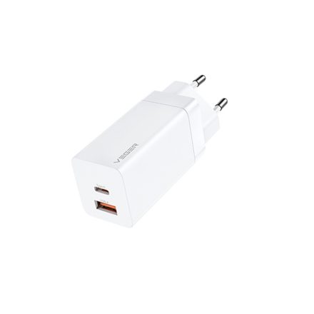 Dupla Portos USB/Type-C hálózati gyorstöltő PD 65W/QC4.0 Veger Gan CPD65-Lite fehér