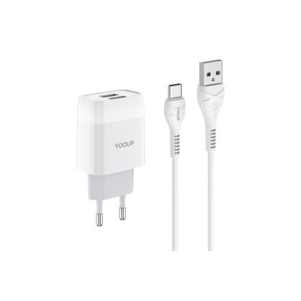 Dupla USB portos hálózati töltő 2.4A + Type-C 1 méteres kábellel YooUp G03 Glorious fehér