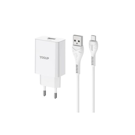 USB portos hálózati gyorstöltő QC3.0 18W + Micro-USB 1 méteres kábel YooUp G05 Long Journey fehér