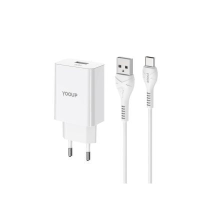 USB portos hálózati gyorstöltő QC3.0 18W + Type-C 1 méteres kábel YooUp G05 Long Journey fehér