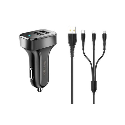 Dupla USB portos autós töltő 2.1A + 3in1 Type-C/lightning/micro USB kábel Usams Nt King Tu fekete