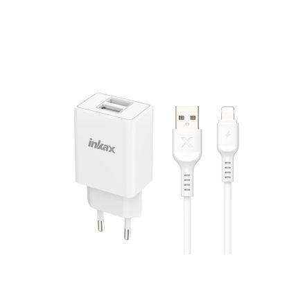 Dupla USB portos hálózati gyorstöltő 2.4A + 1 méteres Lightning kábel Inkax CD-98 fehér