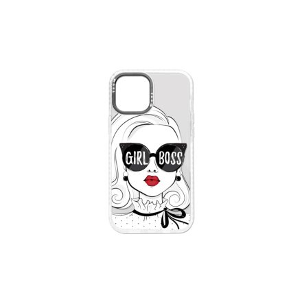 Mintás telefontok Girl Black iPhone 13 Mini átlátszó háttérrel fehér kerettel
