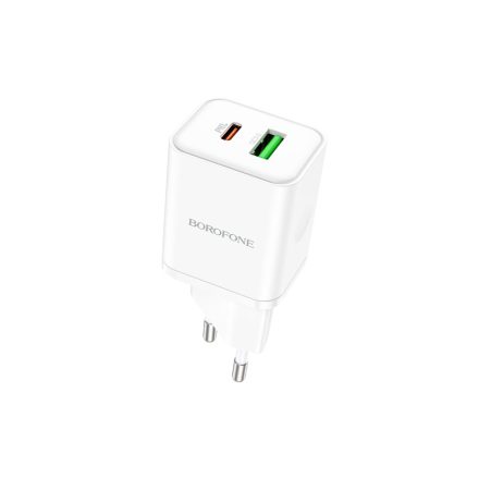 Type-C/USB portos hálózati gyorstöltő (PD) 20W+QC 3.0 Borofone BN7 fehér