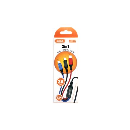 Töltő és adatkábel 3in1 Type-C/Lightning/Micro-USB csatlakozóval 3A 1.2 méter Jokade JA012 fekete