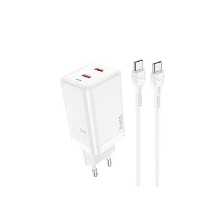 Dupla Type-C portos hálózati gyorstöltő PD 45W + Type-C/Type-C kábel Hoco N23 Astral fehér