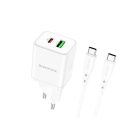 Type-C és USB portos hálózati gyorstöltő (PD)20W+QC3.0 Type-C kábellel Borofone BN7 fehér