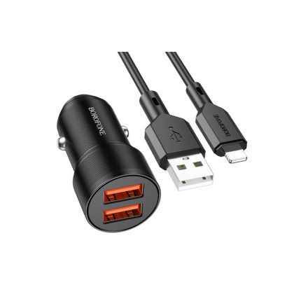 Dupla USB portos autóstöltő 2.4A + Lightning kábel 1 méteres Borofone BZ19 Wisdom fekete