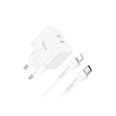 Dupla Type-C portos hálózati gyorstöltő PD 35W + USB Type-C/Lightning 1 méteres kábel Hoco N29 Triumph fehér