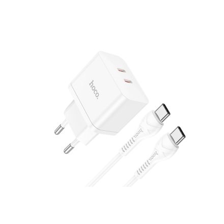 Dupla Type-C portos hálózati gyorstöltő PD 35W + Type-C/Type-C 1 méteres kábel Hoco N29 Triumph fehér