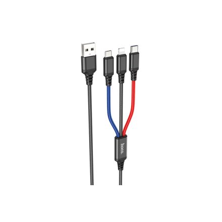 3in1 töltőkábel 1 méter USB-Lightning/Type-C/Micro-USB kábel Hoco X76 fekete-piros-kék