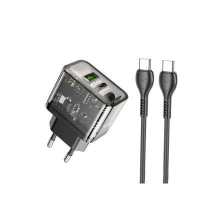 Hoco N34 Dazzling PD 20W + QC3.0 Dupla (USB - Type-C) Hálózati Töltő Type-C / Type-C Kábellel fekete