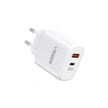 USB/Type-C portos hálózati gyorstöltő Veger 65W1A1C PD 65W fehér