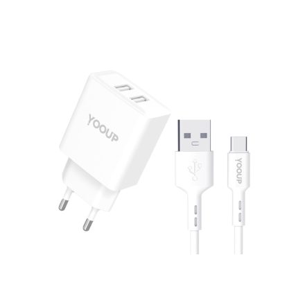 YooUp NC76-B + NB36-P9-1M Dupla hálózati töltő 12W USB Type-C kábellel fehér
