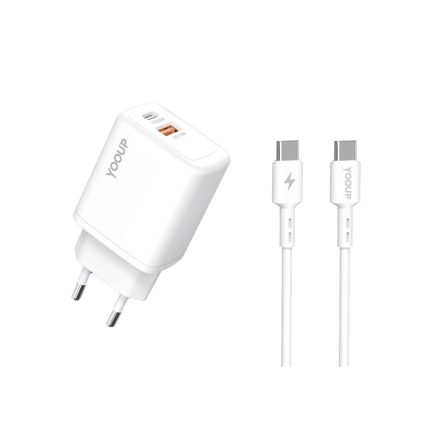 YooUp NC56-C + NB36-CC-1M dupla hálózati töltő (USB - Type-C) PD 20W Type-C - Type-C kábellel fehér