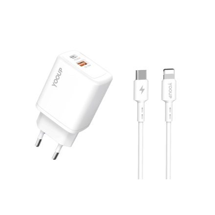 YooUp NC56-D + NB36-CL-1M dupla hálózati töltő (USB - Type-C) PD 20W Type-C / Lightning kábellel fehér
