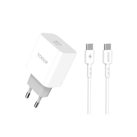 YooUp NC60-C(Z60) + NB36-CC-1M Dupla hálózati töltő (Type-C) PD 20W Type-C / Type-C kábellel fehér