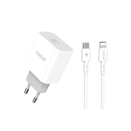 YooUp NC60-C(Z60) + NB36-CC-1M Dupla hálózati töltő (Type-C) PD 20W Type-C / Lightning kábellel fehér