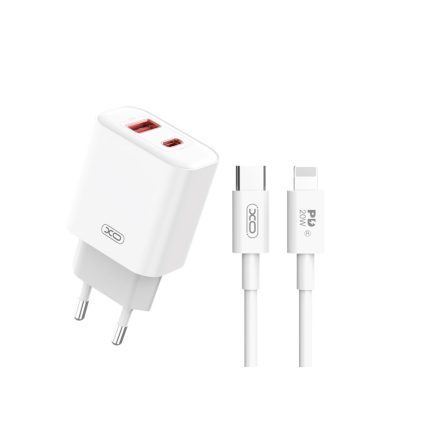 Xo Ce12 Dupla Hálózati Töltő (USB - Type-C) PD 20W Type-C/Lightning Kábellel fehér