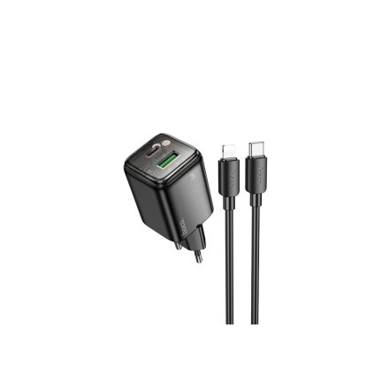 Hoco N52 Monsoon Hálózati Gyorstöltő (USB - Type-C) (PD)20W+QC3.0 Type-C/Lightning Kábellel Fekete