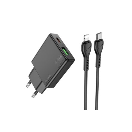 Hoco N38 Delgado PD20W+QC3.0 Dupla Hálózati Töltő (USB - Type-C) Type-C/lightning Kábellel Fekete