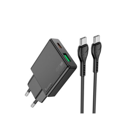 Hoco N38 Delgado PD20W+QC3.0 Dupla Hálózati Töltő (USB - Type-C) Type-C/Type-C Kábellel Fekete