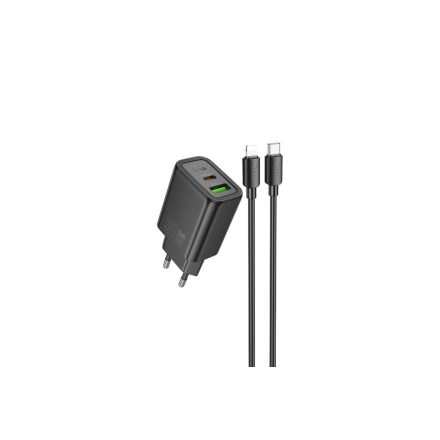 Hoco N63 Gentle Hálózati Gyorstöltő (USB - Type-C) (PD)30W + QC3.0 Lightning/Type-C Kábellel Fekete