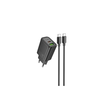 Hoco N63 Gentle Hálózati Gyorstöltő (USB - Type-C) (PD)30W + QC3.0 Type-C/Type-C Kábellel Fekete