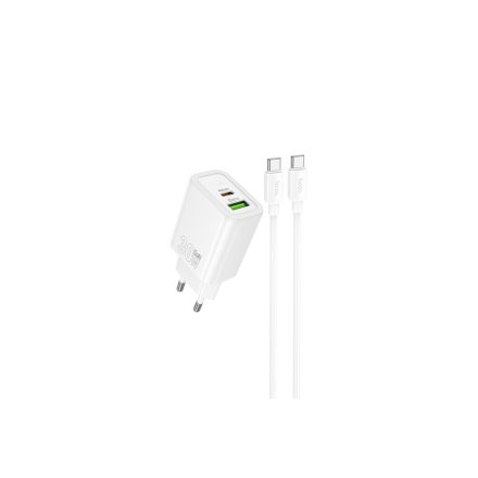 Hoco N63 Gentle Hálózati Gyorstöltő (USB - Type-C) (PD)30W + QC3.0 Type-C/Type-C Kábellel Fehér