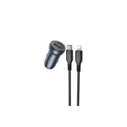 Borofone BZ32a Fresh USB - Type-C Szivargyújtó Autós Töltő PD30W + QC3.0 + C / lightning Kábel Grafit