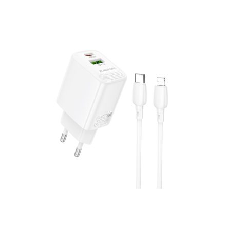 Borofone BN29 Fuente Hálózati Gyorstöltő USB - Type-C QC3.0 + PD 30W Type-C / lightning Kábellel Fehér