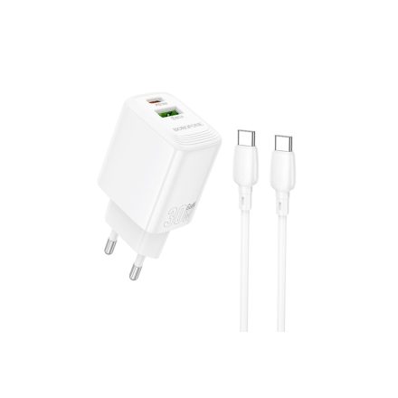 Borofone BN29 Fuente Hálózati Gyorstöltő USB - Type-C QC3.0 + PD 30W Type-C / Type-C Kábellel Fehér