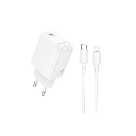 Borofone BN28 Fuente Hálózati Gyorstöltő Type-C PD 30W Type-C / lightning Kábellel Fehér