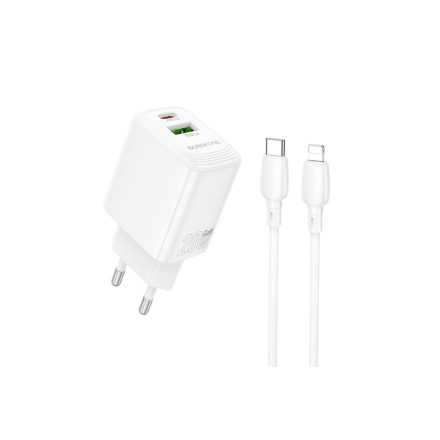 Borofone BN27 Fuente Hálózati Gyorstöltő USB - Type-C QC3.0 + PD 20W Type-C / lightning Kábellel Fehér